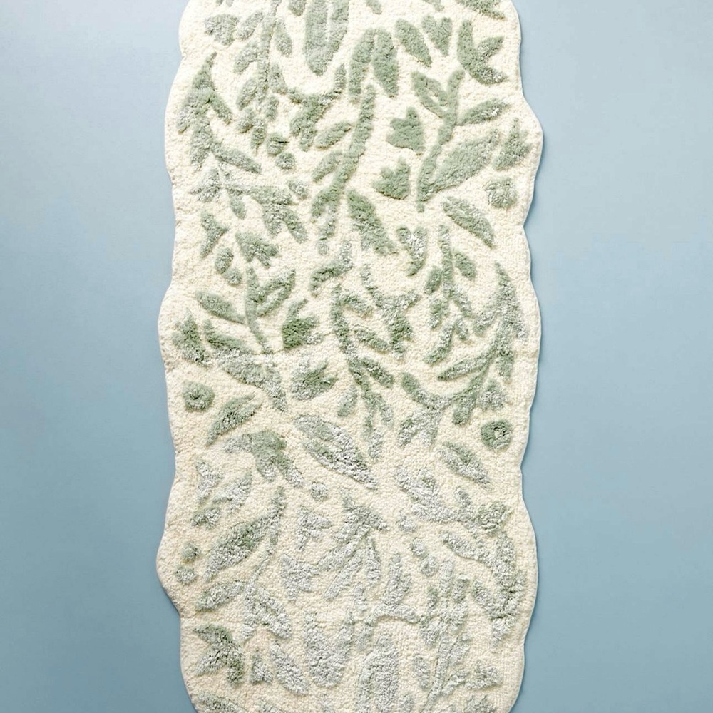 Anthropologie Cream and Green Bath Mat with Textured Design, 58” x 21”